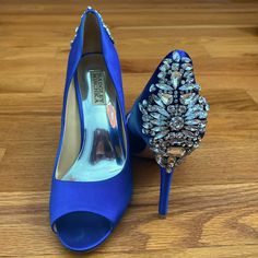 Royal Blue With Embellished Jewel Heels. 3 Inch Heel. Size 8. Peep Toe. Worn Once For Wedding. I Love These Shoes So Much But Due To An Ankle Injured, Can’t Do Heels Anymore. Heels 3 Inch, Jeweled Heels, Badgley Mischka Shoes, 3 Inch Heels, Badgley Mischka, Shoes Women Heels, Royal Blue, Shoes Heels, I Love