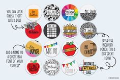 a bunch of badges that are on top of a white surface with words in different languages