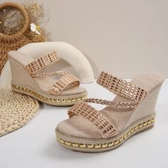 Elevate your style with the FZ Gold Weaving Wedge Platform Sandals. Crafted with a trendy design and rivet decoration, these sandals add a touch of sophistication to any outfit. The chunky platform provides stability and support while giving you a fashionable boost. Perfect for any fashion-forward woman. Heel Height: Super High (8cm-up) With Platforms: Yes Platform Height: 3-5cm Sandal Type: basic Occasion: Casual Upper Material: PU Outsole Material: RUBBER Pattern Type: Solid Side Vamp Type: Open Fit: Fits true to size, take your normal size Style: fashion Heel Type: Wedges Lining Material: none Closure Type: SLIP-ON Item Type: sandals Fashion Element: Platform Insole Material: PU Trendy Gold Wedge Sandals For Vacation, Summer High Heels With Rhinestone Rivets, Synthetic Wedge Sandals With Rhinestones For Vacation, Open Toe Wedge Sandals With Rhinestones For Vacation, Beach Wedge Sandals With Rhinestones, Vacation Synthetic Wedge Sandals With Rhinestones, Rhinestone Open Toe Wedge Sandals For Vacation, Vacation Wedge Sandals With Rhinestones, Synthetic Rhinestone Wedge Sandals For Vacation