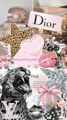 a collage of pink and black images with the word dior written in large letters