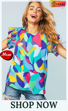 Multicolor Abstract Print Stitching Ruffle Sleeve Blouse Multicolor Color Block Tops For Spring, Chic Multicolor Patchwork Blouse, Spring Multicolor Tops With Ruffle Sleeves, Spring Multicolor Ruffled Tops, Multicolor Flutter Sleeve Tops For Spring, Spring Multicolor Flutter Sleeve Tops, Multicolor Print Summer Blouse With Ruffles, Summer Multicolor Print Blouse With Ruffles, Summer Multicolor Print Ruffled Tops