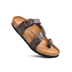 Slip on the Seraph slides and experience the perfect blend of comfort, style, and support. These sandals feature two adjustable straps with a functional buckle, allowing for a personalized fit that enhances comfort. The heel cup and raised toe-bar are designed to promote stability and balance, ensuring you can walk carefree while exploring the city or enjoying casual outings. Seraph slides prioritize both functionality and fashion, making them versatile for various activities and occasions. Whet Comfortable Adjustable Double Strap Footbed Sandals, Adjustable Buckle Closure Comfortable Flip Flops, Womens Strappy Sandals, Womens Slides Sandals, Sandals Brown, Footbed Sandals, Womens Slides, Round Toe Heels, Brown Sandals