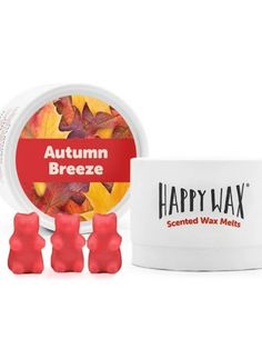 happy wax autumn breeze scented wax melts with two gummy bears in front of it