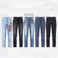 five pairs of jeans with the words straight jeans written on them in different colors and designs