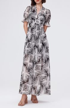 Frilled puff sleeves frame this palm-print maxi dress crafted with handy pockets at the waist and a perfectly flared skirt. Front button-and-loop closure V-neck Short sleeves Side-seam pockets 100% recycled polyester Dry clean Imported Formal Printed Maxi Dress, Morocco Dress, Button Up Maxi Dress, Sea Holly, Holly Black, Dress Crafts, Palm Print, Flared Skirt, Printed Maxi