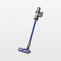 a blue and silver vacuum cleaner on a white background