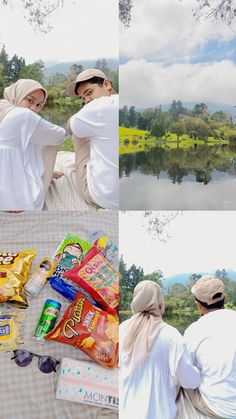 two people sitting next to each other on a blanket near water and trees with bags of snacks