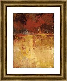 an abstract painting with brown and yellow colors on the bottom half of it, including trees in the background