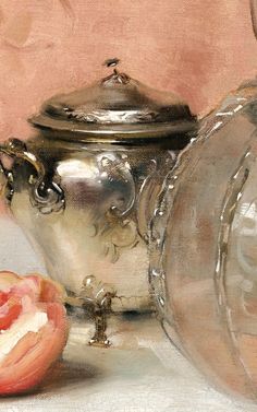 a painting of a silver tea pot with a peach on the table next to it