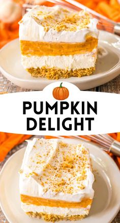 pumpkin delight layered cake with cream cheese frosting on top and topped with whipped cream