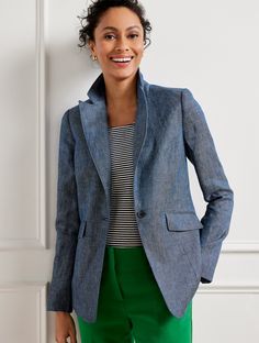 Timeless and chic. Our relaxed blazer is a classic warm-weather essential. Crafted from light and breathable linen for a tailored fit. Detailed with flap pockets. Ready to pull together your favorite work-to-weekend looks. Features Long Sleeve Hits At Hip Button front closure Flap front pockets Lined Imported Fit: Misses: 26"; Petite: 24 1/2"; Plus: 28"; Plus Petite: 26" Material: 100% Linen; Lining: 53% Viscose, 47% Polyester Care: Dry Clean | Classic Linen Blazer - Indigo/White Talbots Tailored Style Women, Talbots Outfits, Relaxed Blazer, Chambray Blazer, Seersucker Blazer, Wardrobe Wishlist, Petite Coat, Petite Jacket, Denim Blazer