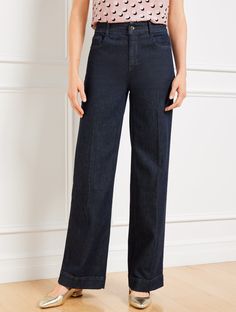 The sophistication of a trouser meets the ease of soft denim. Your favorite wide leg silhouette features a figure-flattering high waist and Five Pocket styling. With a hint of stretch. Perfect for effortless work-to-weekend looks. Features Wide Leg Hits High Waist Full Length Fly front with button closure Five pocket Imported Fit: Misses: 30 1/2"; Petites: 28 1/2"; Plus: 30 1/2" Material: 69% Cotton, 18% TENCEL™Lyocell, 11% LENZING™ ECOVERO™Viscose, 2% Spandex Care: Wash Before Wearing, Turn Garment Inside Out, Machine Wash Cold With Like Colors, Only Non-Chlorine Bleach When Needed; Tumble Dry Low, Warm Iron If Needed | Ultra Wide Leg Trouser Jeans - Juliette Wash Talbots Wide Legged Jeans, Jeans Outfit Women, Bodycon Tops, White Kicks, Girls Ask, Jean Trends, Ultra Wide, Chunky Heels Boots, Style Challenge