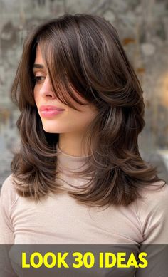 Shoulder Length Hair With Soft Layers And Curtain Bangs, Short Length Haircut With Curtain Bangs, Hair Cuts With Curtain Bangs And Layers, Brown Medium Length Hair With Layers And Curtain Bangs, Bangs For Medium Hair, Shoulder Length Haircut Curtain Bangs, Dark Brown Medium Length Hair Curtain Bangs, Short Butterfly Haircut Shoulder Length, Shoulder Length Hair Cuts With Layers Straight Curtain Bangs