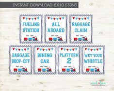 printable train birthday party tags with bunting flags and pennants on wood background