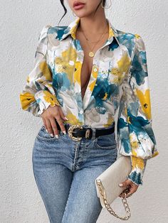 Women's Ink Floral Print Puff Sleeve Shirt Blue Boho  Long Sleeve Woven Fabric Floral,All Over Print Shirt Non-Stretch  Women Clothing, size features are:Bust: ,Length: ,Sleeve Length: Flower Print Shirt, Winter Collars, Spring Shirts, Cardigan Fashion, Boho Women, Plus Size Blouses, Floral Shirt, Plus Size Tops, Printed Blouse