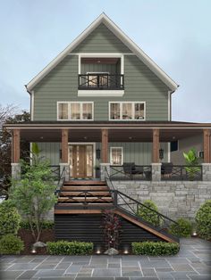 this is an artist's rendering of a two - story house with porches and stairs