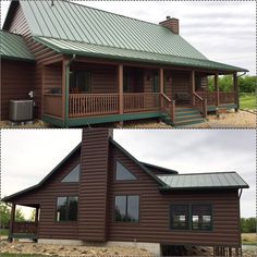 two pictures of a log cabin with metal roofing and porches on each side