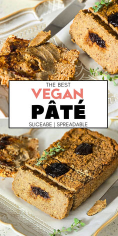 Vegan Pate on a decorative wooden board; sliced and spread on a multigrain bread.