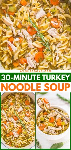 this noodle soup is loaded with turkey, carrots and celery