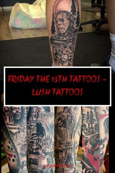 the cover up to friday the 13th tattoo shows tattoos on both legs and arms,