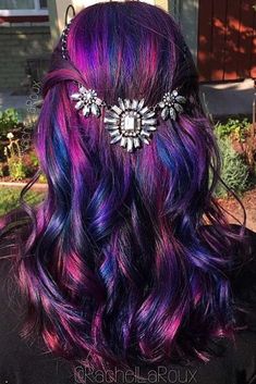 Galaxy Hair Color, Oil Slick Hair, Waterfall Hairstyle, Slick Hair, Galaxy Hair, Rainbow Hair Color, Fun Hair, Hair Color Purple, Pretty Hair Color