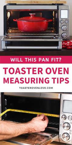 Small dutch oven inside of an open countertop oven and a pair of hands holding a tape measure across the interior of a toaster oven. Toaster Oven Meatloaf, Healthy Toaster Oven Recipes, Oven Ideas, Whats Gaby Cooking, Convection Cooking