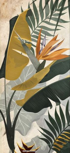 an artistic painting of tropical plants and leaves