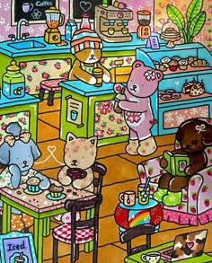 there are many stuffed animals in the kitchen and on the table, with one bear eating