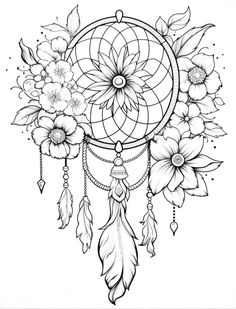 a drawing of a dream catcher with flowers and feathers