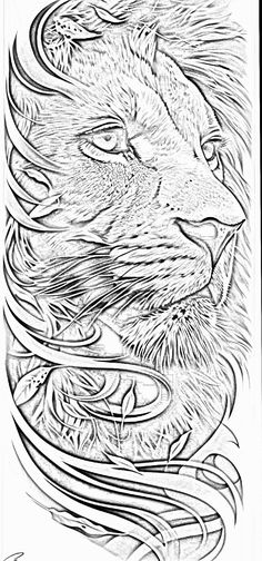 a black and white drawing of a lion's head with its eyes closed, surrounded by swirling lines