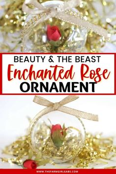 the beauty and the beast enchanted rose ornament is on display with gold glitter