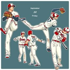 some baseball players are doing different things in the same drawing style as they stand on one leg