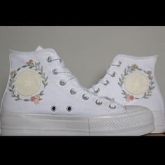 I Received These Hand Made Embroidered Converse High Tops As An Option For A Shoe To Wear To My Upcoming Wedding. They Are Gorgeous! Unfortunately, They Are Not My Size. Wish I Could Wear Them! Wedding Converse Bride High Top, Bride Converse Shoes High Top, Personalized White Converse, Platform Converse High Tops, Converse Platform High Top, Embroidered Converse High Tops, Converse Haute, Personalized Converse, Wedding Platform