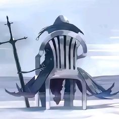 a person sitting in a chair with two swords