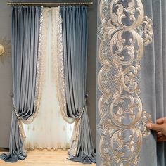 the curtains in this living room are decorated with gold and silver lace trimmings