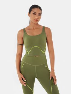 Features Bum Lift Tummy Control Green Sports Bra With Built-in Padding For Gym, Green Compression Sports Bra With Built-in Padding, Green High Stretch Activewear With Built-in Bra, Green Activewear With Built-in Bra And High Stretch, Green Compressive Activewear With Built-in Bra, Body Contour, Black Neon, Body Contouring, Neon Yellow