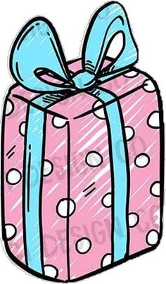 a pink and blue gift box with a bow on it's top, drawn by hand