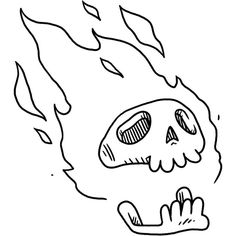 a black and white drawing of a burning skull