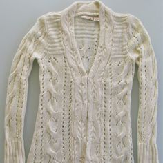 Description: Up For Sale Is A Dkny Jeans (Nwot) Women's Cotton Cardigan Sweater With A Single Hook & Eye Closure. The Size Is Medium. It Is Made Of 70%Cotton/30%Acrylic. It Has A Cable Knit Design And Is Ivory In Color. It Features A Scalloped Bottom. Measurements Are: Bust (Armpit - Armpit) 18.00" Sleeve Length (Top Of Shoulder Seam-Bottom Of Cuff) 27.00". Length (Back Of Neckline - Bottom Of Hem) 29.00". Shipping: Merchandise Will Ship Within 24 Hrs. Of Receipt Of Confirmed Payment. We Ship Vi Open Knit Long Sleeve Sweater For Daywear, Fitted Winter White Cardigan For Fall, Fitted White Casual Sweater Coat, Open Knit Sweater For Daywear In Fall, Open Knit Sweater For Fall Daywear, Fitted Knit Sweater For Daywear, Cozy Winter Tops For Daywear, Spring Fitted Cable Knit Sweater Coat, Cozy Tops For Winter Daywear