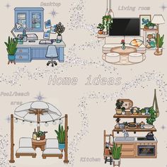 four different pictures with plants and furniture in them