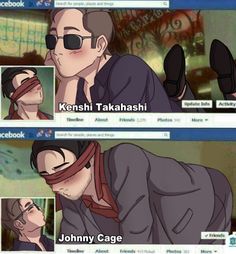 two screens showing the same person kissing each other in front of facebook page with caption that reads, kenshi takahshi johnny cage