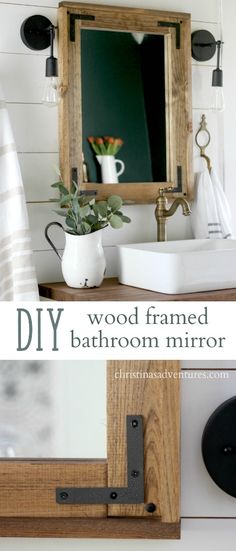 the bathroom mirror is made out of wood