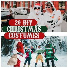 two pictures with people dressed up in costumes and one has a sign that says, 20 diy christmas costumes