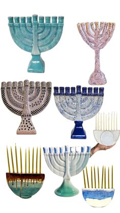 an assortment of hanukkah candles and combs in different shapes and sizes