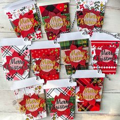 six christmas tags with merry written on them