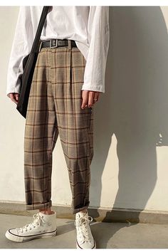 Vintage Khaki Ankle Length Men Plaid Pants – Tomscloth Masc Pants, Retro Baggy Pants For Fall, Plaid Dress Pants Outfit, Plaid Pants Outfit Casual, Retro Winter Trousers, Mens High Waisted Pants, Plaid Pants Outfit Men, Checkered Trousers Outfits Men, Plaid Pants Men Outfit