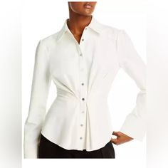 Fits True To Size Designed To Be Cinched At The Waist, Hits At Hip Model Measurements: 5'10" Height, 33.5" Bust, 23.5" Waist, 34.5" Hips, Wearing A Size Small Point Collar Long Puff Sleeves Front Button Closures Ruched At Center Front Back Darts Shirttail Hem Unlined 95% Polyester/5% Spandex Dry Clean Elegant White Ruched Blouse, Chic White Ruched Blouse, Chic Fitted White Shirt, Chic White Fitted Shirt, Cinq A Sept, Button Front Top, Long Puff Sleeves, Shoulder Crop Top, Turtle Neck Top