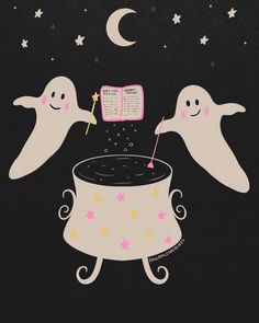 two ghost are in the sky above a caulder with a book on it