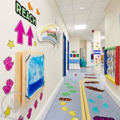 the hallway is decorated with colorful bulletin boards