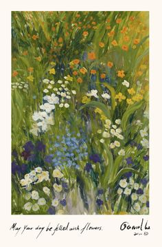 an oil painting of flowers and grass in a field with white, yellow, blue, and green colors